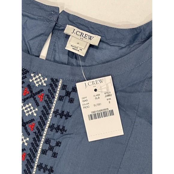 J Crew Women’s Sz 2 New Top Blue Embroidered Peplum Boho NWT - Picture 3 of 6